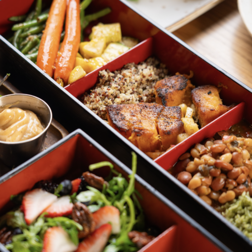 VEGAN BENTO BOX ~ Red quinoa, glazed carrots, organic green beans, sweet potato, cup of vegan tomato soup, arugula salad, fresh berries, legumes, cilantro rice, summer squash, roasted eggplant, black pepper papadums